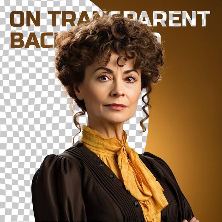 PSD uma mulher de meia-idade aliviada com cabelos encaracolados da etnia urálica vestida com trajes principais posa em um estilo sideways glance contra um fundo amarelo pastel