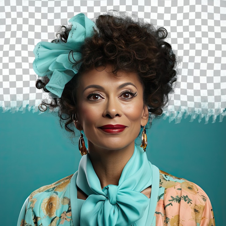 PSD uma mulher de meia-idade arrependida com cabelo pervertido da etnia escandinava vestida com roupa de cabeleireiro posa com os olhos para baixo com um estilo de sorriso contra um fundo pastel turquesa