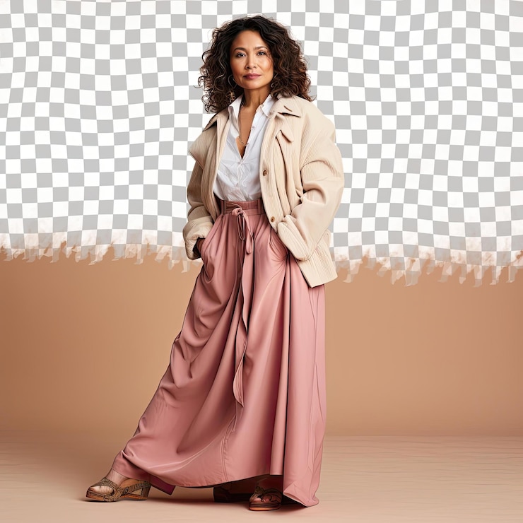 PSD uma mulher de meia-idade desconcertada com cabelos ondulados da etnia nativa americana vestida com trajes de copywriter posa em um estilo standing with one foot forward contra um fundo beige pastel