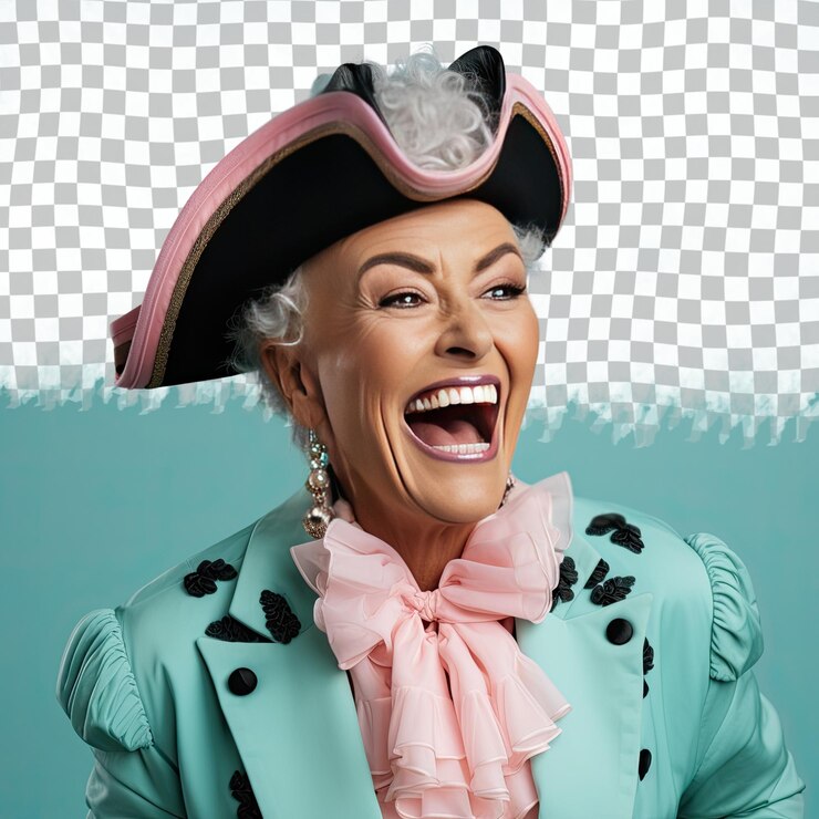 PSD uma mulher de meia-idade exaltada com cabelo careca da etnia eslava vestida com trajes de capitão de barco posa em um estilo de riso brincalhão contra um fundo de menta pastel