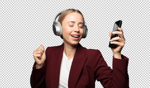 Uma mulher de negócios bonita a usar fones de ouvido.