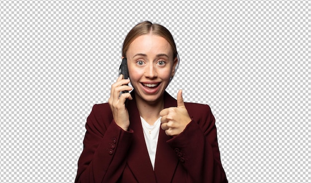 Uma mulher de negócios bonita a usar um telemóvel.