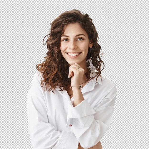 Uma mulher de negócios elegante e confiante a sorrir.