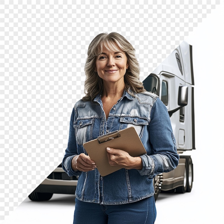 PSD uma mulher de pé na frente de um carro com um clipboard no fundo