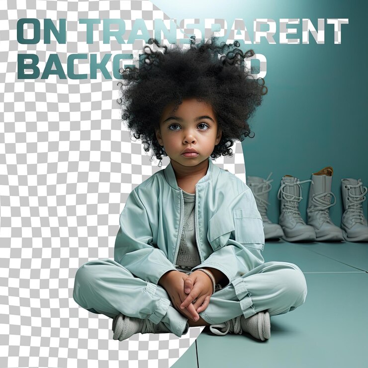 PSD uma mulher de toddler entediada com cabelo pervertido da etnia africana vestida com trajes de oceanógrafo posa em uma cruz sentada com as pernas no chão contra um fundo de menta pastel