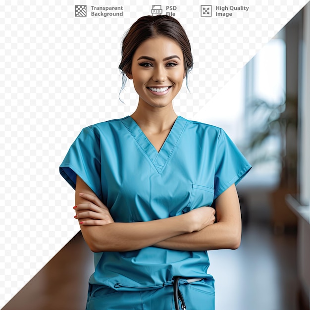 PSD uma mulher de uniforme azul está em frente ao logotipo de uma empresa médica.