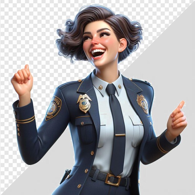 Uma mulher de uniforme com uma foto de uma mulher vestindo um uniforme que diz que ela é feliz