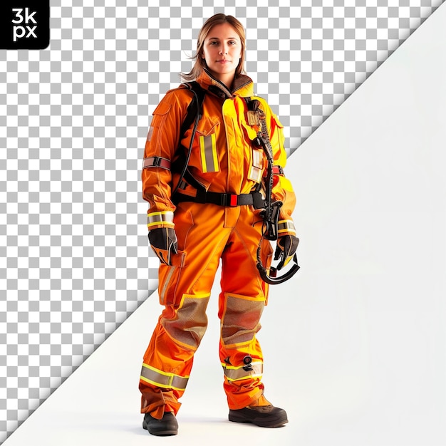 Uma mulher de uniforme de bombeiro em frente a um fundo branco