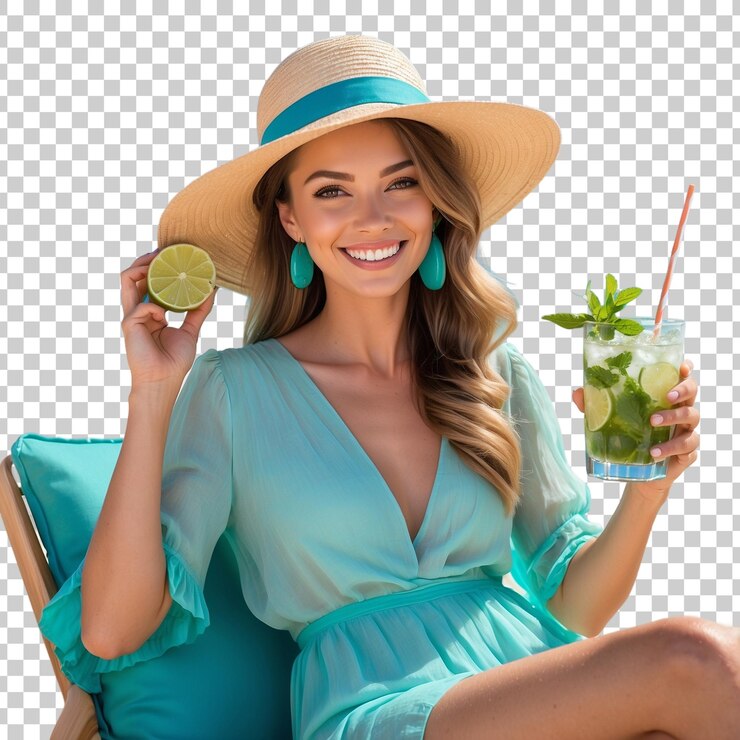 PSD uma mulher de vestido azul segura uma maçã e uma bebida