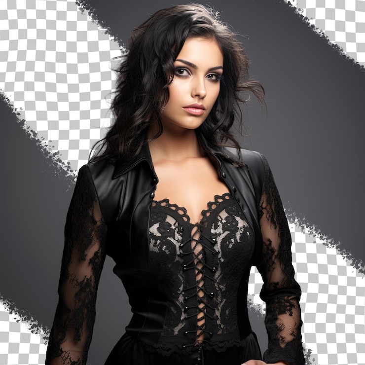 PSD uma mulher de vestido de renda preto está em frente a um fundo a quadras preto e branco.