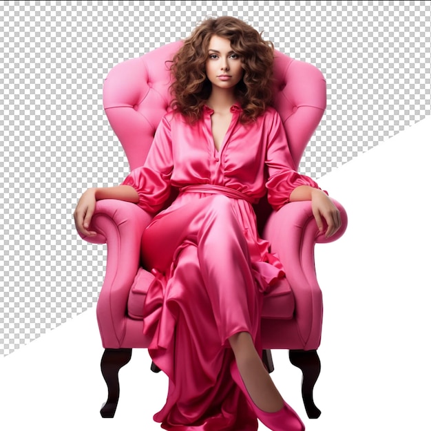 PSD uma mulher de vestido rosa está sentada em uma cadeira rosa