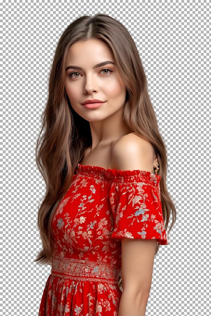 PSD uma mulher de vestido vermelho com uma impressão floral na frente