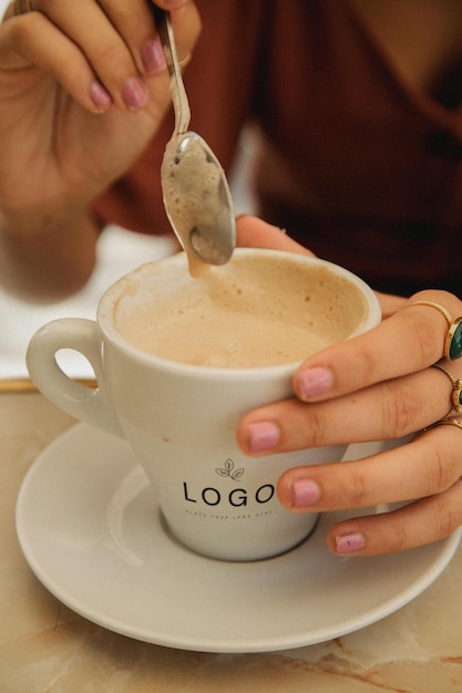 uma mulher derramando café em uma chávena com uma colher