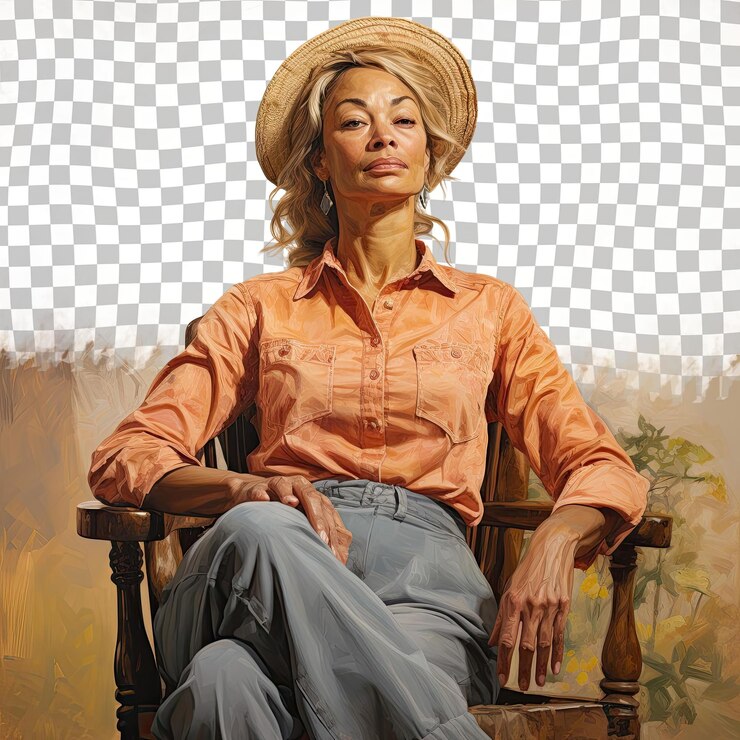 PSD uma mulher desconfiada de meia-idade com cabelo loiro da etnia afro-americana vestida com trajes agrícolas posa em um estilo sentado com uma mão levantada contra um fundo beige pastel