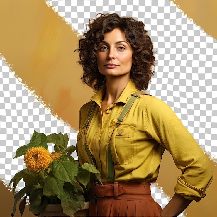 PSD uma mulher desesperada de meia-idade com cabelos rizados da etnia urálica vestida com trajes de jardinagem no quintal posa em um estilo sideways glance contra um fundo amarelo pastel