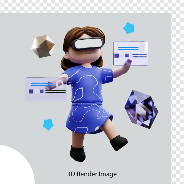 Uma mulher em um vestido azul e um fone de ouvido de realidade virtual