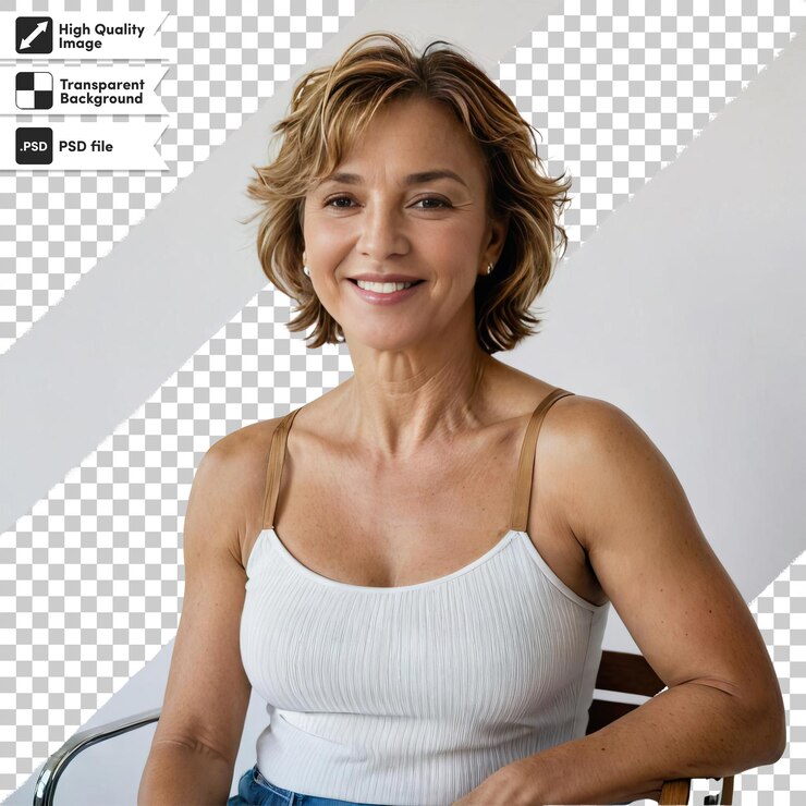 PSD uma mulher em uma camiseta branca senta-se em uma cadeira com uma foto de uma mulher em um camisete branco