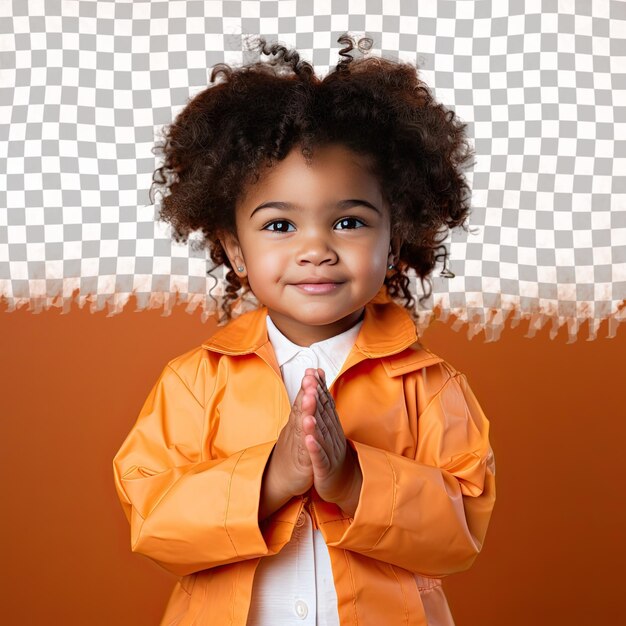 PSD uma mulher empowered toddler com cabelo kinky da etnia uralica vestida com trajes genéticos posa em um estilo close up of hands contra um fundo tangerine pastel