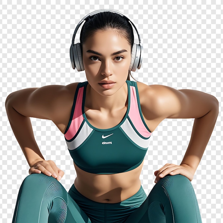 PSD uma mulher esportiva com fones de ouvido isolada em um fundo transparente