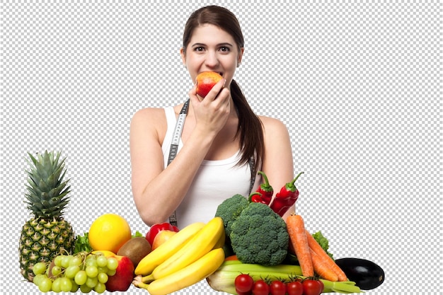 uma mulher está comendo uma maçã e a imagem está na frente dela