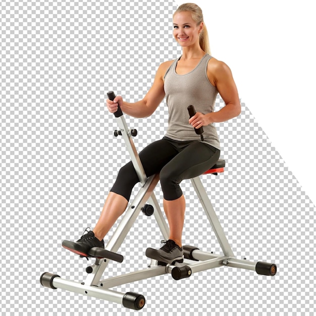 uma mulher está montando uma bicicleta de exercício com um sapato vermelho na parte de trás