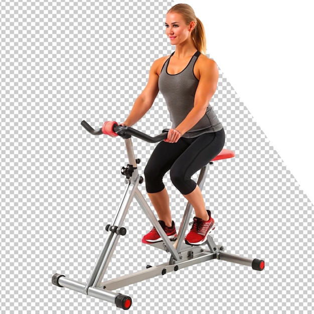 uma mulher está montando uma bicicleta de exercício com uma alça vermelha