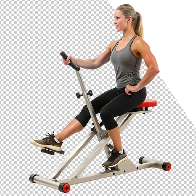 uma mulher está montando uma bicicleta de exercício com uma alça vermelha