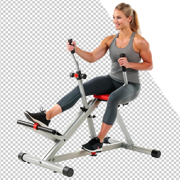 uma mulher está montando uma bicicleta de exercício com uma alça vermelha
