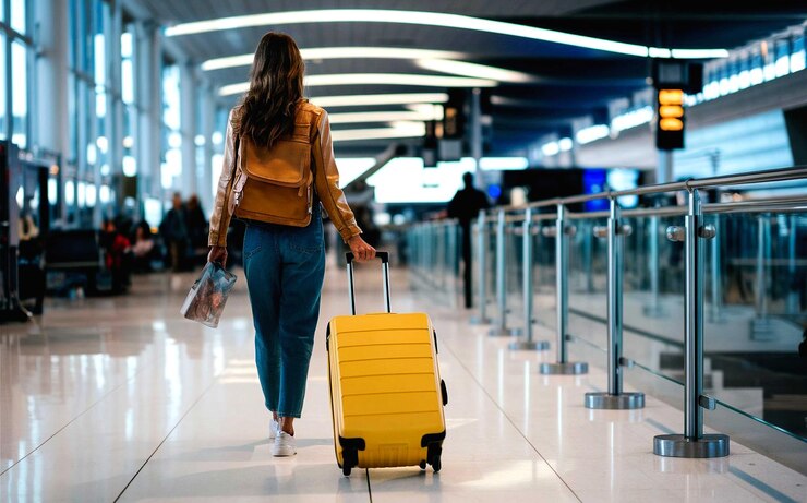 PSD uma mulher está puxando uma mala amarela através de um aeroporto