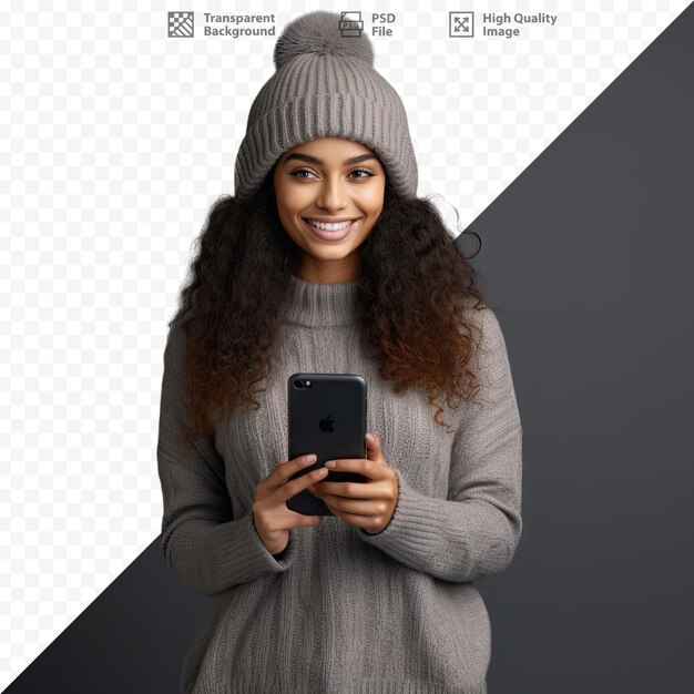 Uma mulher está segurando um telefone e sorrindo.