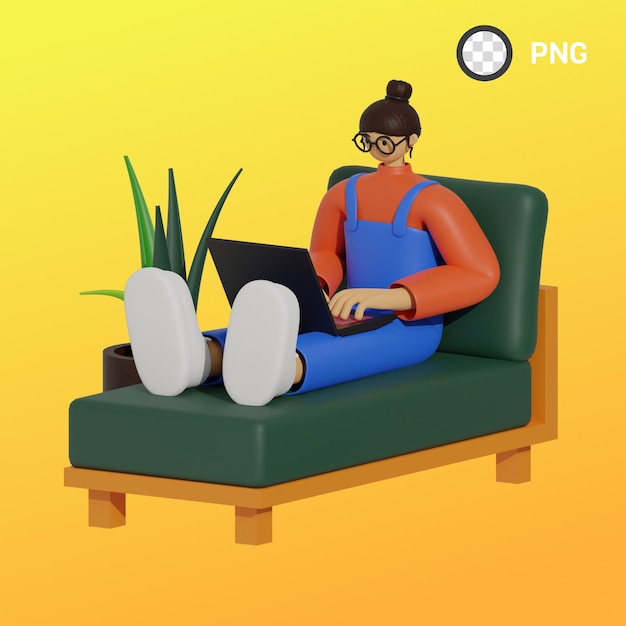 PSD uma mulher está sentada em um sofá com um laptop no colo.