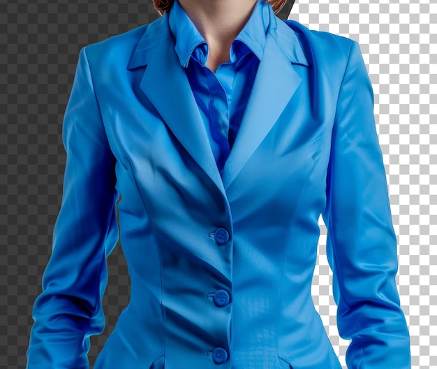 PSD uma mulher está vestindo um casaco azul e uma camisa azul.