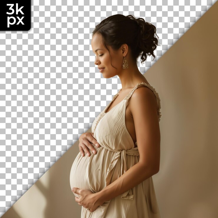 PSD uma mulher grávida de pé em frente a uma parede com uma foto de uma pessoa grávida