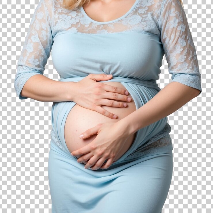 PSD uma mulher grávida em um vestido azul com uma renda branca em sua barriga