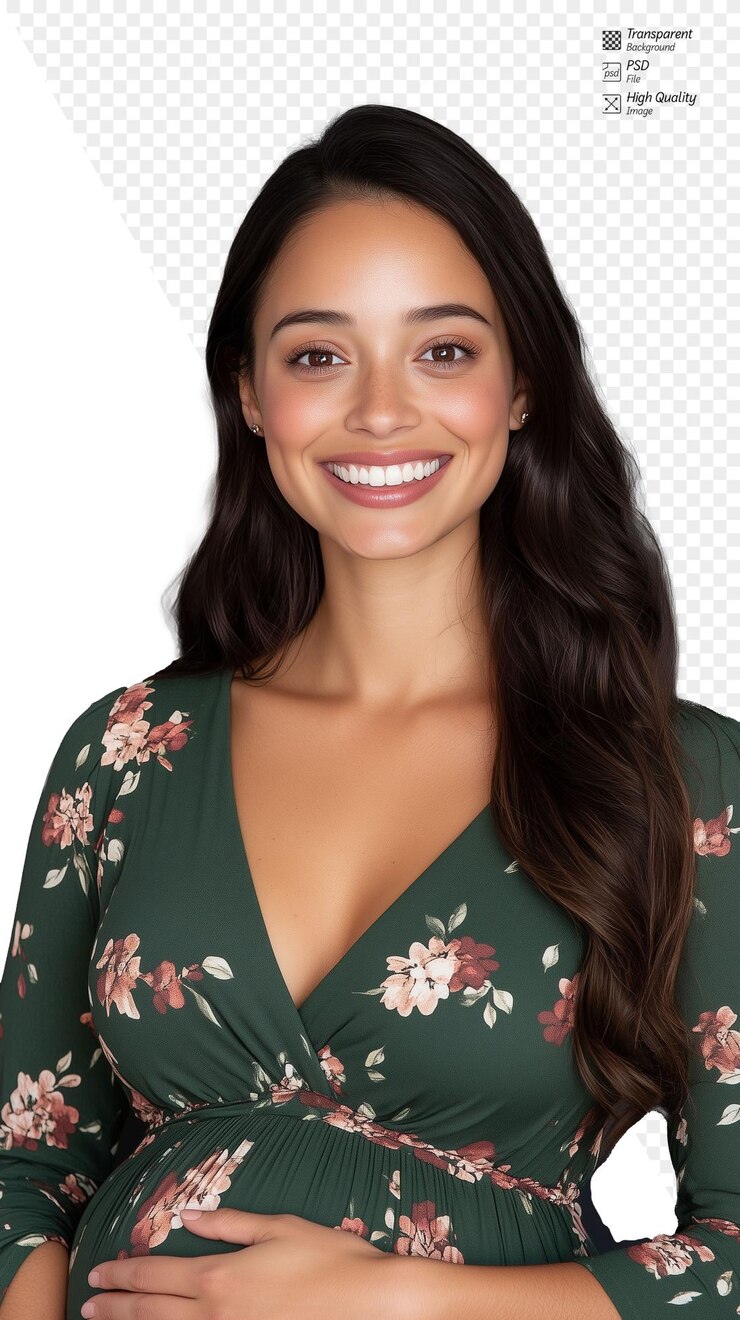 PSD uma mulher grávida sorridente em um vestido floral isolado em um fundo transparente ideal para temas de maternidade e família