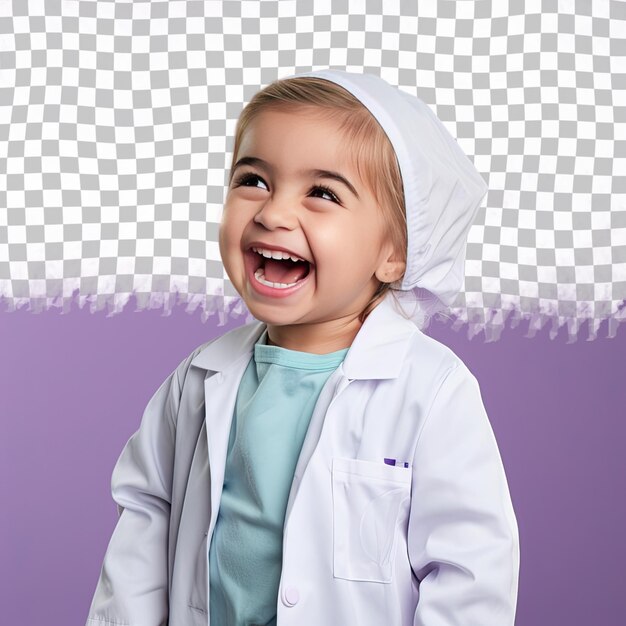 PSD uma mulher honrada de toddler com cabelo loiro da etnia do oriente médio vestida com trajes de neonatologista posa em um estilo de riso brincalhão contra um fundo pastel periwinkle