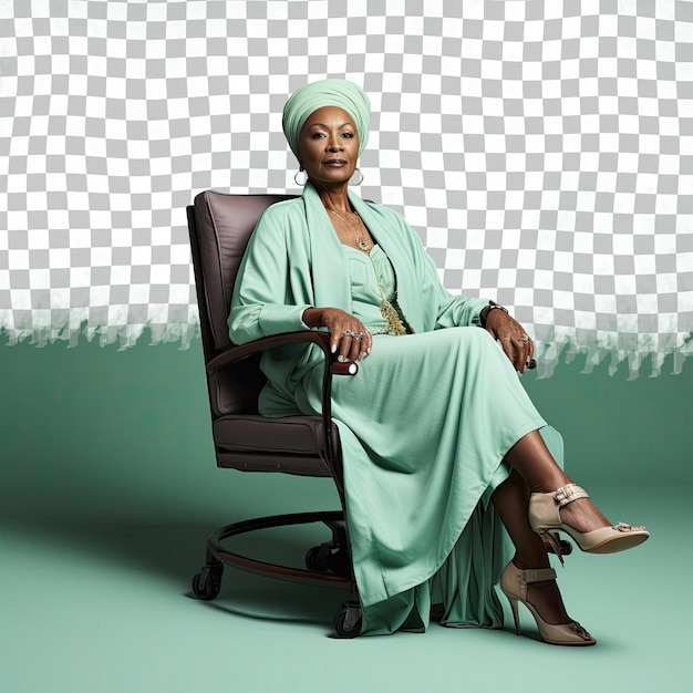 PSD uma mulher idosa apática com cabelo careca da etnia afro-americana vestida com trajes de mediador posa em comprimento total com um estilo propício como uma cadeira contra um fundo verde pastel