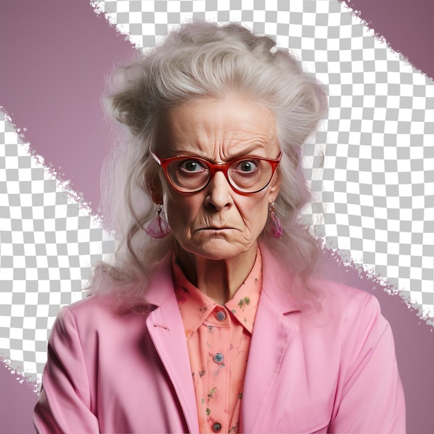 PSD uma mulher idosa com cabelos longos da etnia escandinava vestida com trajes de curador posa em um estilo focused gaze with glasses contra um fundo pastel mauve