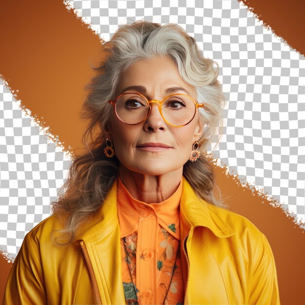 PSD uma mulher idosa compassiva com cabelos longos da etnia escandinava vestida com trajes de cuidadora de crianças posa em um estilo eyes looking over glasses contra um fundo de damasco pastel