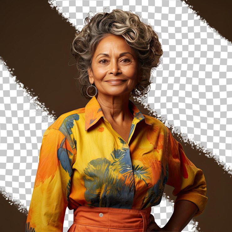 PSD uma mulher idosa indiferente com cabelos ondulados da etnia das ilhas do pacífico vestida com trajes de pintor posa no estilo one hand on waist contra um fundo amarelo pastel