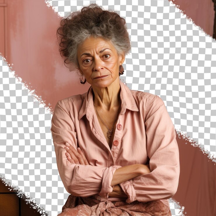 PSD uma mulher idosa indignada com cabelo perfurado da etnia eslava vestida com roupas de cozinha posa no estilo leaning against a wall contra um fundo de creme pastel