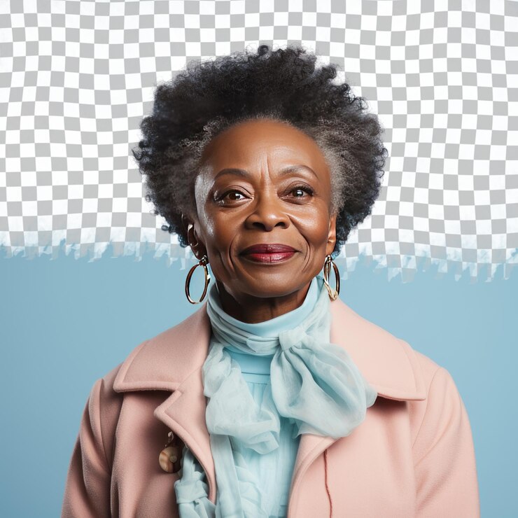 PSD uma mulher idosa isolada com cabelo pervertido da etnia afro-americana vestida com roupa de conselheiro posa em um estilo casual hair tug contra um fundo pastel sky blue