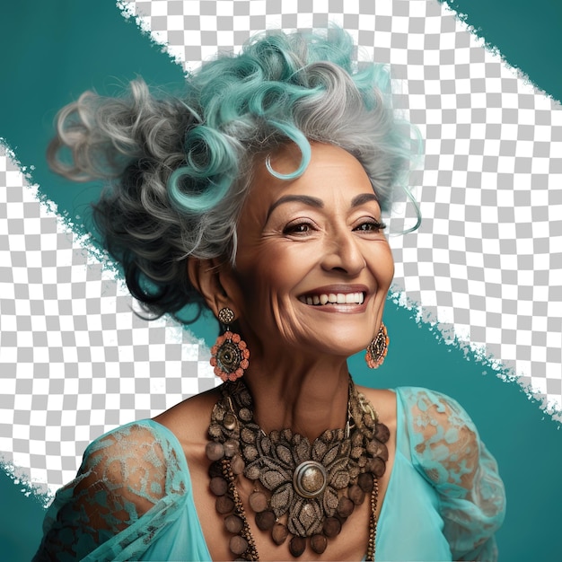 PSD uma mulher idosa nostálgica com cabelo encaracolado da etnia sul-asiática vestida com trajes de dançarina posa com a cabeça inclinada com um estilo de sorriso contra um fundo pastel turquesa
