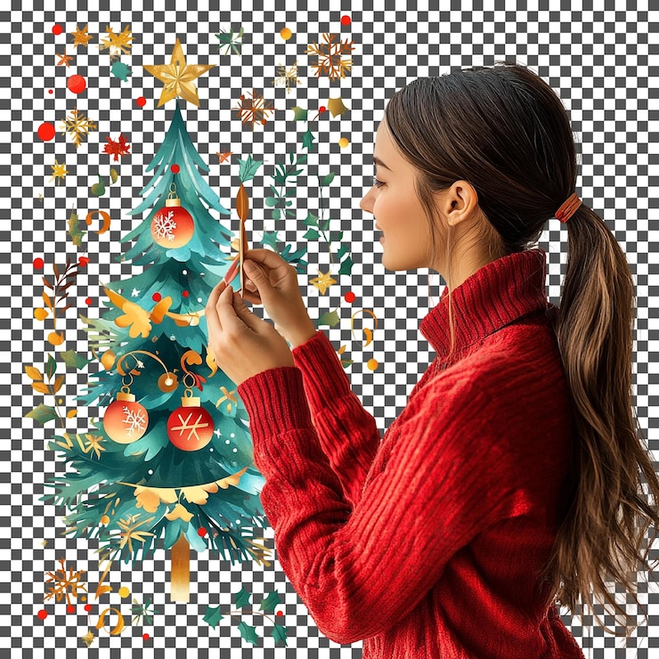 PSD uma mulher incrível está de pé em frente a uma árvore de natal isolada em fundo transparente