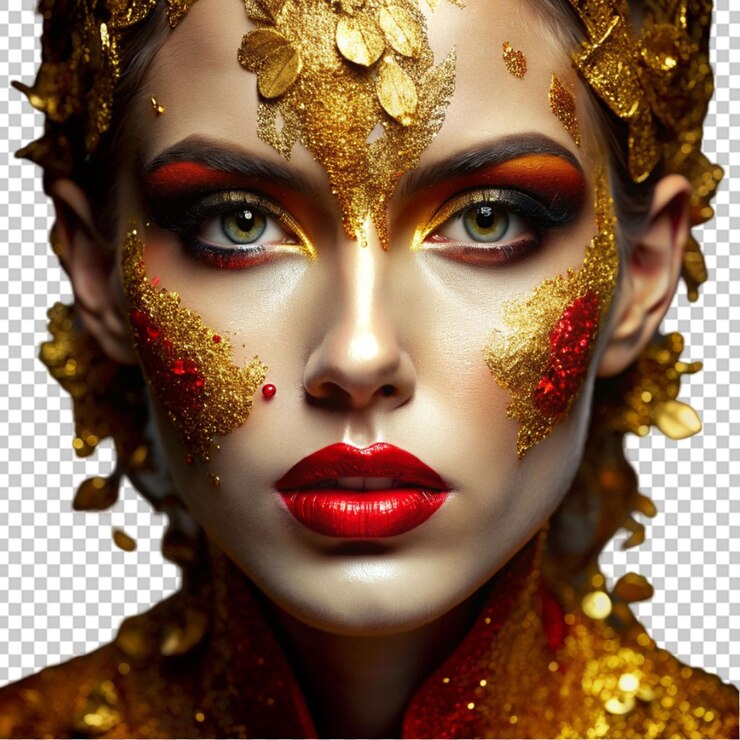 PSD uma mulher linda com maquiagem criativa e pintura dourada.
