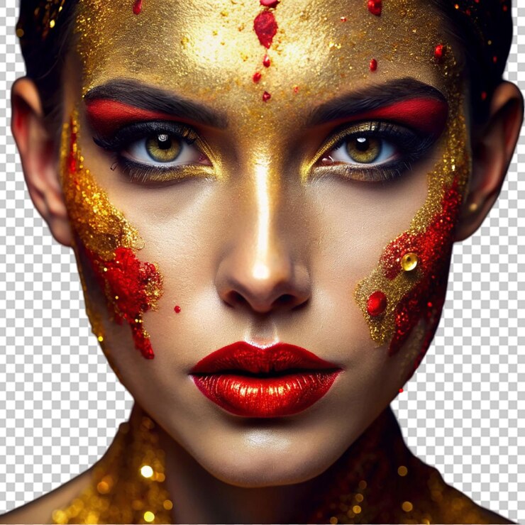 PSD uma mulher linda com maquiagem criativa e pintura dourada.
