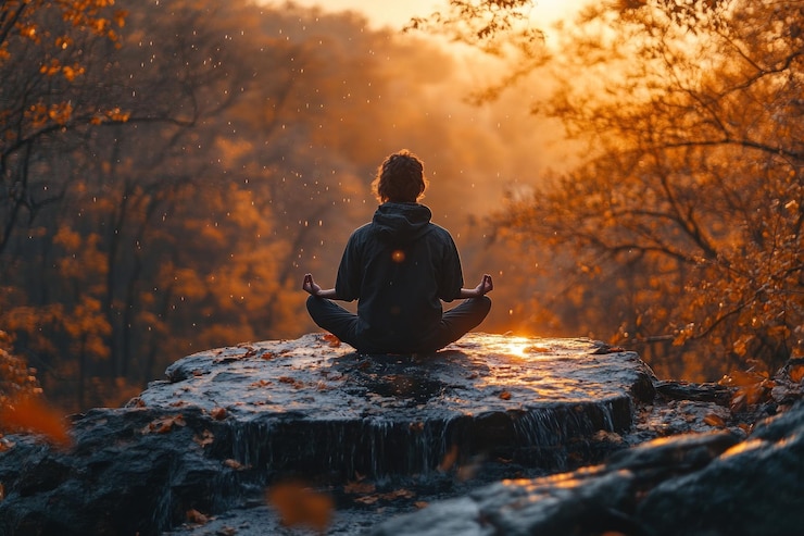 PSD uma mulher medita em uma rocha com vista para uma cachoeira durante o pôr-do-sol
