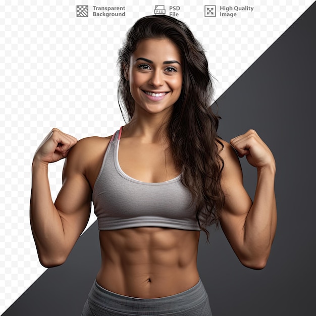 Uma mulher mostrando seus músculos com as palavras fitness e fitness nas  costas.