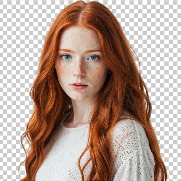 PSD uma mulher ruiva deslumbrante com sardas, cabelo longo e camisa branca.