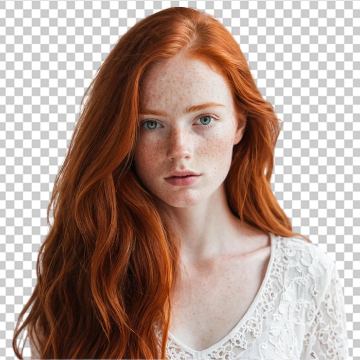 PSD uma mulher ruiva deslumbrante com sardas, cabelo longo, top de renda branca.